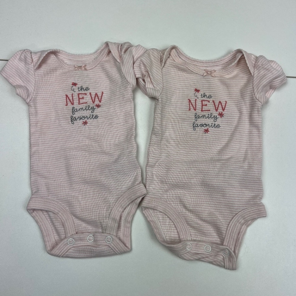 Bundle of 2 Carter's "The New Family Favorite" Pink Strip Bodysuits Sz NB